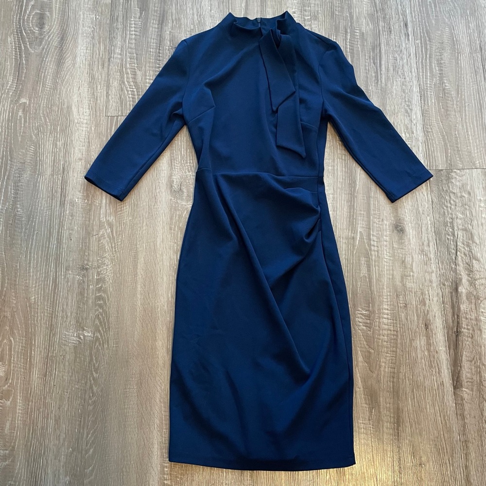 Miusol Womens Sheath Dress Small Navy Blue Polyester Spandex Mock Neck Tie Work